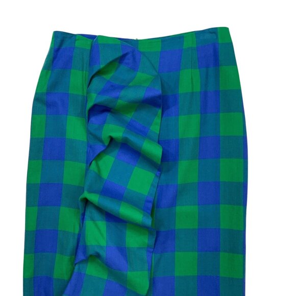 TOV Ruffle Plaid Skirts 40 US/M Blue Green Pencil Straight Midi Heritage Fall - Picture 8 of 14